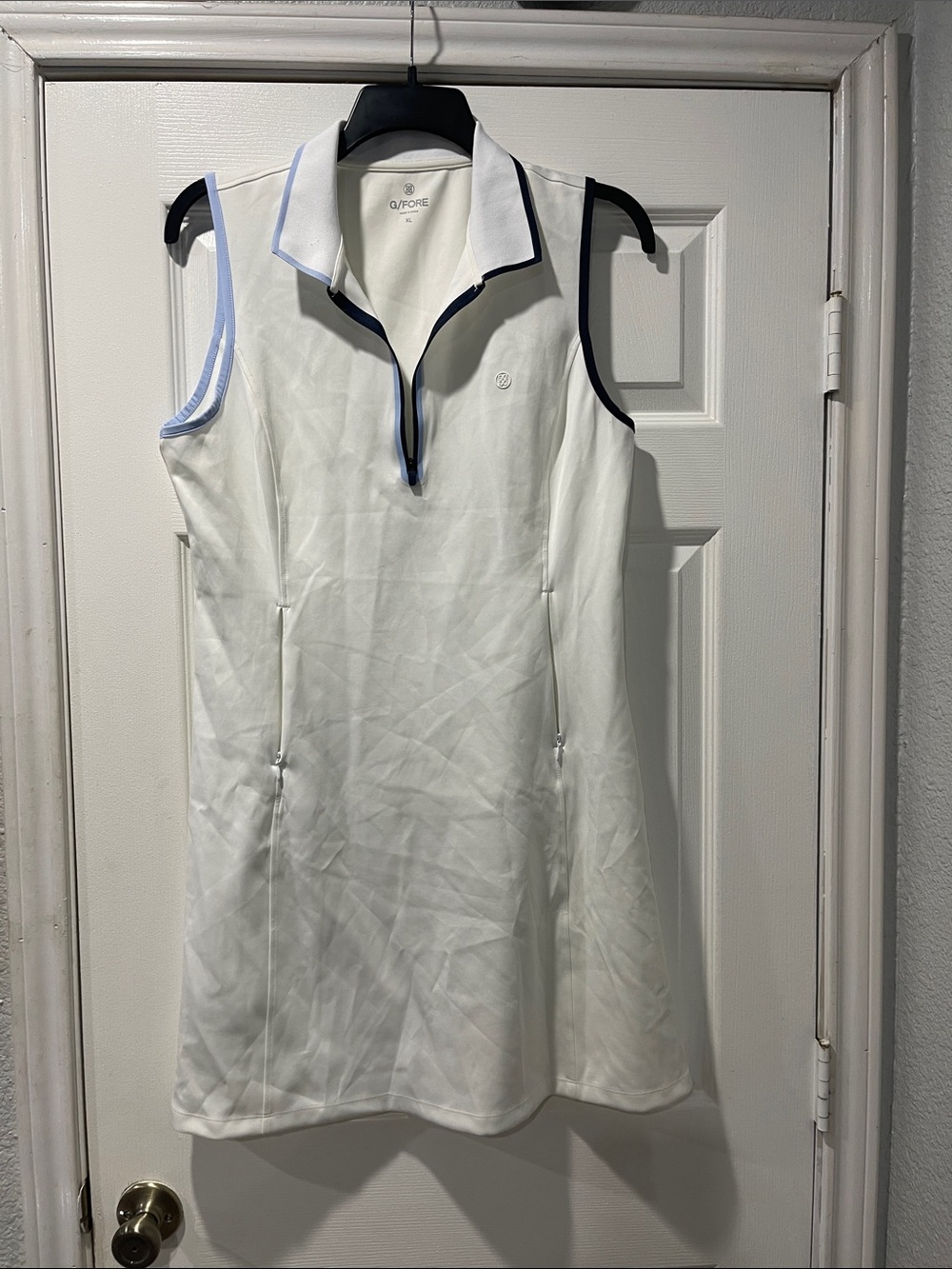 G/FORE White Sleeveless Golf Polo Dress with Navy and Light Blue Trim